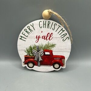Hobby Lobby MERRY CHRISTMAS Y’ALL Wood RED TRUCK Farmhouse Ornament NEW
